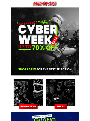 MotoSport - Extended Savings | Cyber Week Deals Roll On