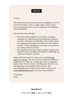 Away - We’ve updated our privacy policy and terms