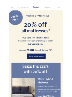 Casper - Friends & Family Sale: 20% off all mattresses