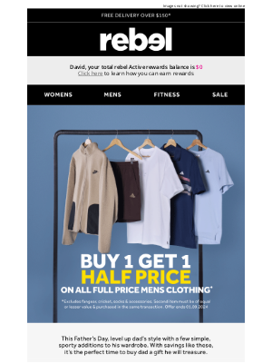 Rebel Sports (Australia) - Buy One, Get One Half Price on Men's Clothing*