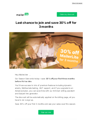 MailerLite - Last chance to join and save 30% today ⌛