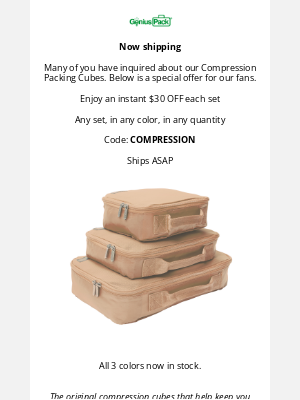 Genius Pack - Now shipping, with an instant $30 OFF: Compression Packing Cubes