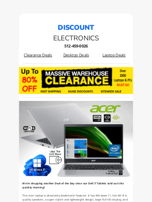 Discount Electronics - Incredible Deal: $348 Acer 15.6” Windows 11 Laptop!