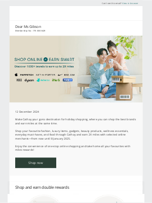 Cathay Pacific Airways - Indulge in online festive shopping and earn up to 2X miles