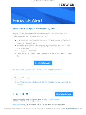 Fenwick & West - [Fenwick Alert] Securities Law Update — August 5, 2025