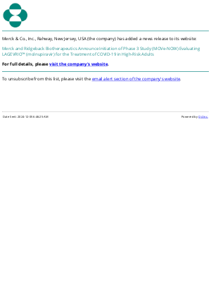 Merck & Co - Merck and Ridgeback Biotherapeutics Announce Initiation of Phase 3 Study (MOVe-NOW) Evaluating LAGEVRIO™ (molnupiravir) for the Treatment of COVID-19 in High-Risk Adults