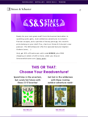Simon & Schuster - Staff Picks: Choose your Readventure + a special offer!