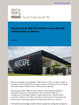 Nestle - Nestlé invests USD 340 million in new Nescafé coffee factory in Mexico