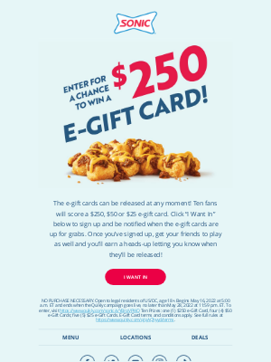 Sonic Drive-In - Hungry for a $250 E-Gift Card?