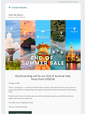 Cathay Pacific Airways - Summer’s almost over, and so is this deal. Fly from USD654, a Cathay World Elite Mastercard® exclusive offer, and more!