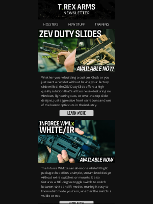 T.REX ARMS - NEW: ZEV Duty Slides, Inforce WMLx + More