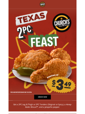Church's Chicken - Texas 2PC Feast, starting at $3.49! 🍗