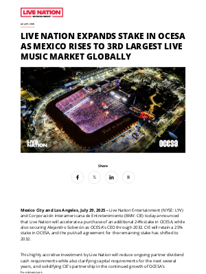 Live Nation Entertainment - Live Nation Expands Stake in OCESA as Mexico Rises to 3rd Largest Live Music Market Globally 