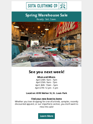 Sota Clothing - Don't Miss Our Spring Warehouse Sale!