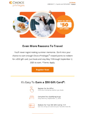 Choice Hotels - LAST CALL! Earning a $50 Gift Card Ends in 3, 2, 1…