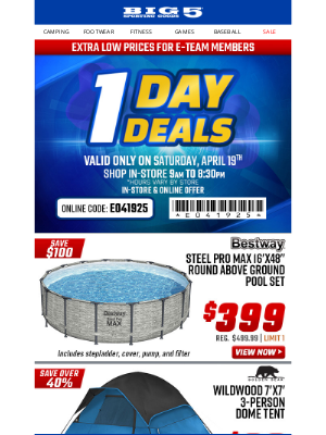 Big 5 Sporting Goods - $119 Z-Shade 13x13 Instant Gazebo + $399 Bestway Above Ground Pool + Other One Day Deals, Saturday Only!