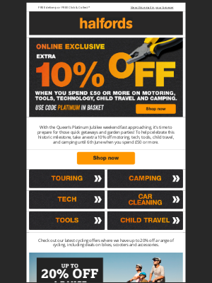 Halfords (UK) - ONLINE EXCLUSIVE: Extra 10% off!