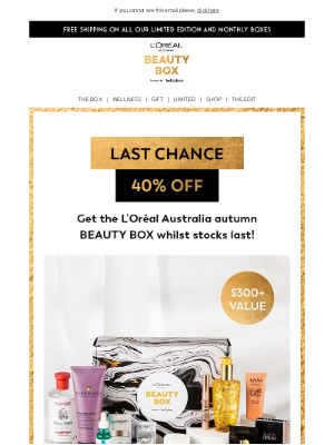 bellabox (AU) - ⏰ Last chance to get 40% off L'Oréal Australia's Beauty Box! ⏰