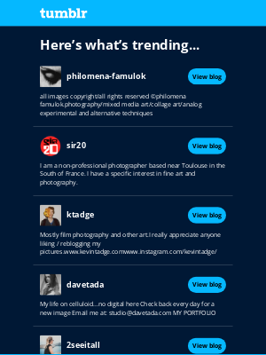 Tumblr - These blogs? You'll like 5 of them.