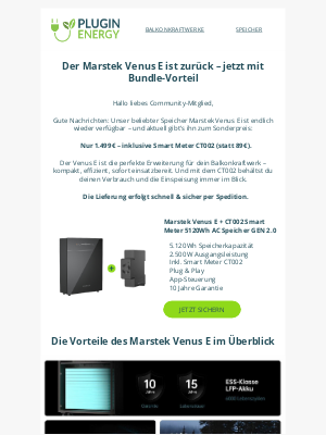 Pluginenergy (Germany) - 🔋 Jetzt wieder verfügbar: Marstek Venus E inkl. Smart Meter zum Vorteilspreis