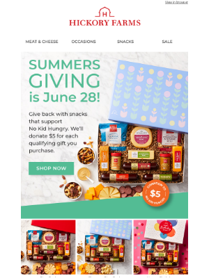 Hickory Farms - Summersgiving is June 28th. Plan a picnic and give back to No Kid Hungry