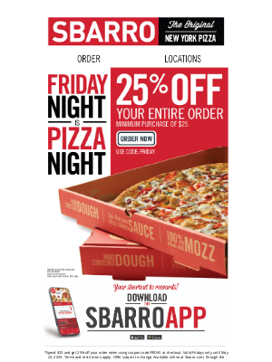 Sbarro - 25% Off Friday Pizza 🍕
