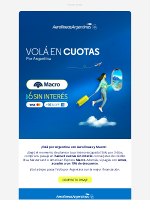 Aerolíneas Argentinas (Argentina) - ¡Sólo 3 días para aprovechar las cuotas con Macro! ✈️