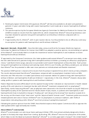 Novo Nordisk - European regulatory authority adopts positive opinion for Novo Nordisk’s Alhemo® (concizumab), recommending label expansion to treat haemophilia A and B without inhibitors