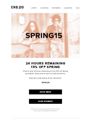 END. - 15% off Spring - 24 hours remaining