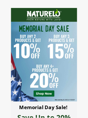 NATURELO Premium Supplements - Memorial Day Sale: Save Up to 20% on Everything!