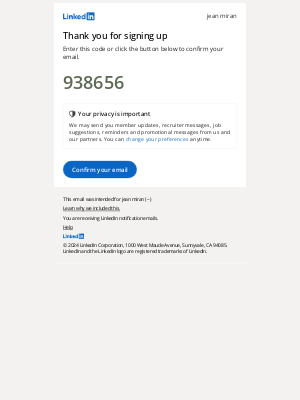 LinkedIn - jean, your pin is 938656. Please confirm your email address.