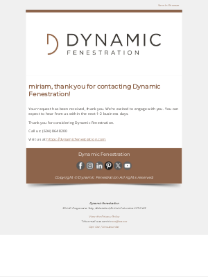 Dynamic Fenestration - Thank You For Contacting Us!