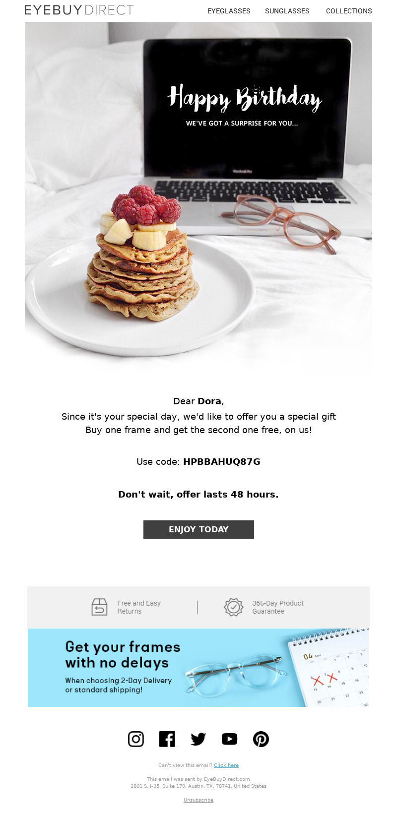 Birthday email example with a BOGO offer