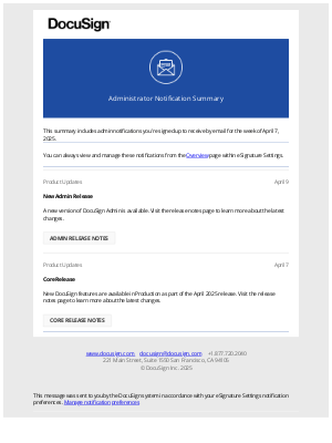 DocuSign - Administrator Notification Summary: Week of April 7