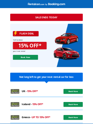 Rentalcars - Flash sale: this weekend, get up to 15% off