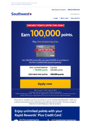 Southwest Airlines - Shelia, you’re invited! Earn 100,000 bonus points.