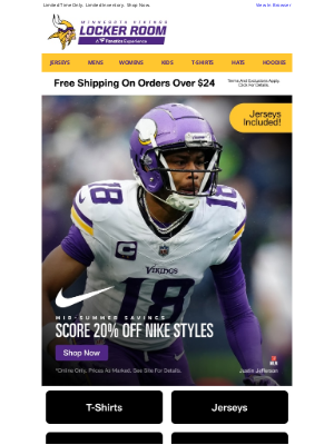 Minnesota Vikings - 20% Off Nike Mid-Summer Sale Starts NOW!