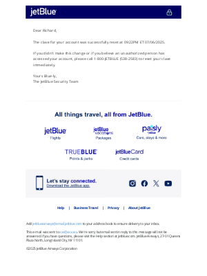 JetBlue Airways - Your JetBlue clave has been reset