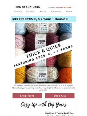 Lion Brand Yarn - Final Day: 30% Off + Double Points