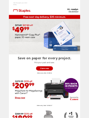 Staples - $49.99 for 10-ream cases of Hammermill Copy Plus paper.