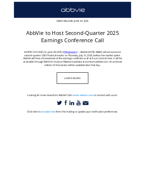 AbbVie - AbbVie Press Release: AbbVie to Host Second-Quarter 2025 Earnings Conference Call