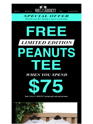 Riot Society Clothing - 🚨 SPECIAL OFFER: Free Peanuts Exclusive Beach Bum Tee!