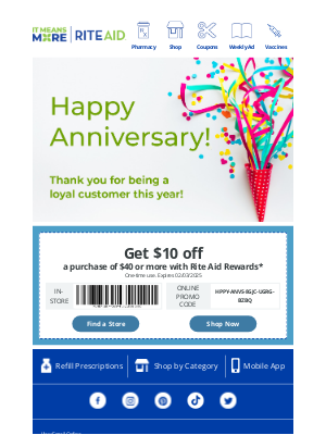 Rite Aid - 🎁🎈 CONGRATULATIONS, GUILLERMO!!! You've Earned $10 OFF! Celebrate Another Year of wellness!