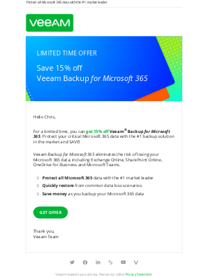 Veeam Software - Save 15% off Veeam Backup for Microsoft 365