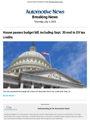 Automotive News - House passes budget bill, including Sept. 30 end to EV tax credits