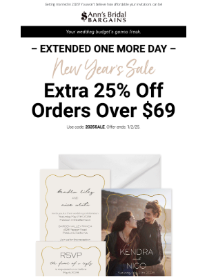 Anns Bridal Bargains - The 25% off Party Ends at Midnight