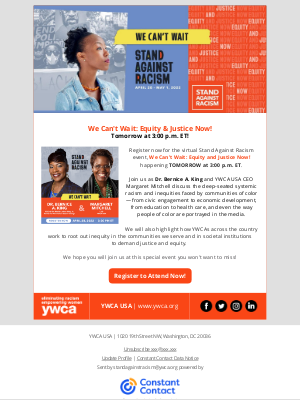 YWCA USA - Tomorrow at 3pm ET! Dr. Bernice A. King Featured at We Can't Wait: Equity & Justice Now!