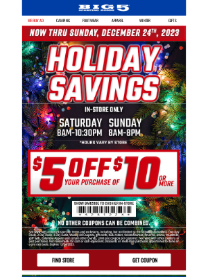 Big 5 Sporting Goods - In-Store Savings 🎁 $5 Off $10 🎁 2 DAYS Only