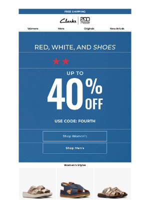 Clarks Shoes - Celebrate the Red, White, & Blue with Up to 40% Off!