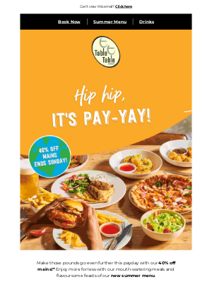 Brewers Fayre (United Kingdom) - Open for 40% off mains - who doesn't love payday?